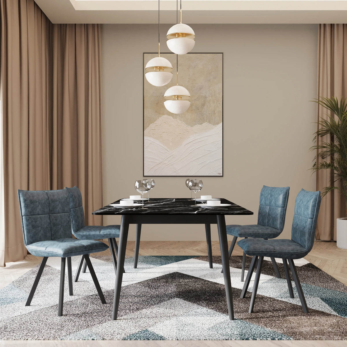 Zayle 5-Piece Dining Set with 55" Rectangular Dining Table in Black/Gold Sintered Stone Top and 4 Leather Dining Chairs - Elax Furniture