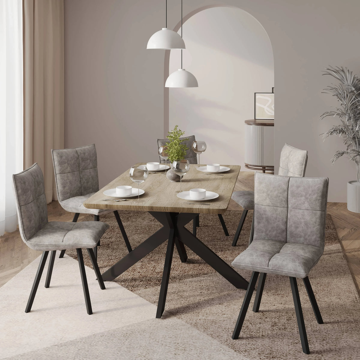 Ravenna 5-Piece Dining Set 63" Rectangular Dining Table with Natural Wood MDF Top and 4 Leather Side Chairs - Elax Furniture