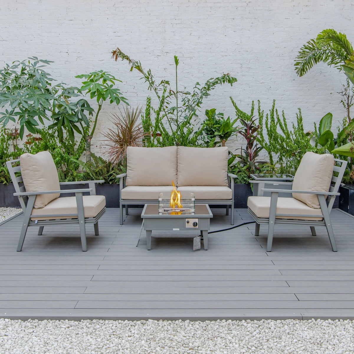 Walbrooke Aluminum Patio Conversation With Fire Pit Table & Tank Holder - Elax Furniture