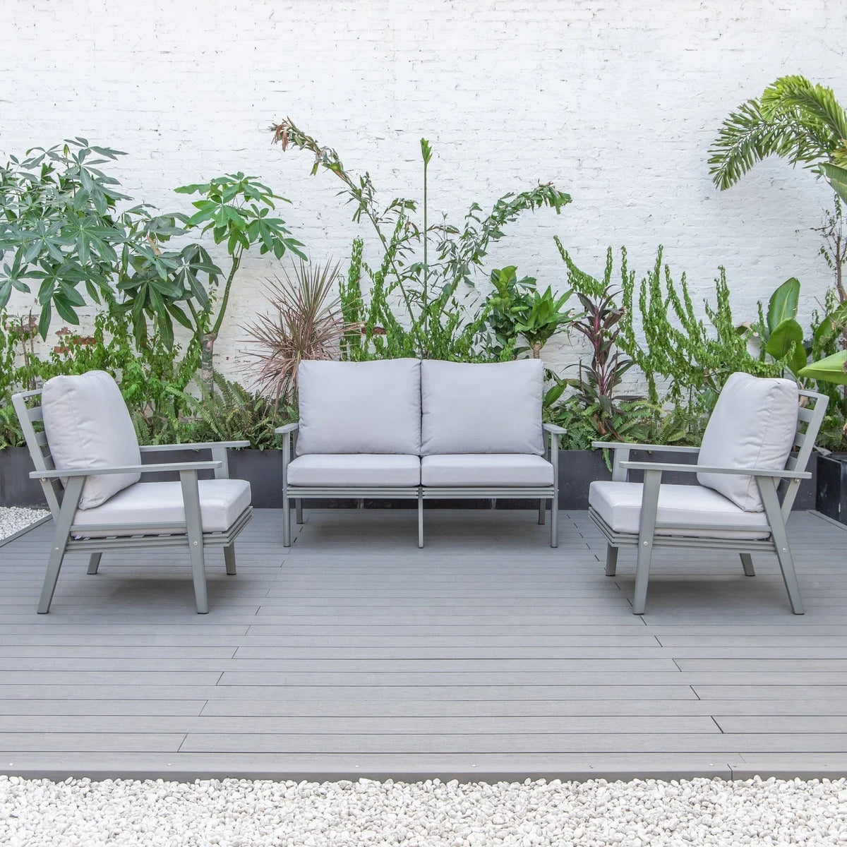 Walbrooke Modern 3-Piece Outdoor Patio Set with Grey Aluminum Frame and Removable Cushions Loveseat and Set of 2 Armchairs - Elax Furniture