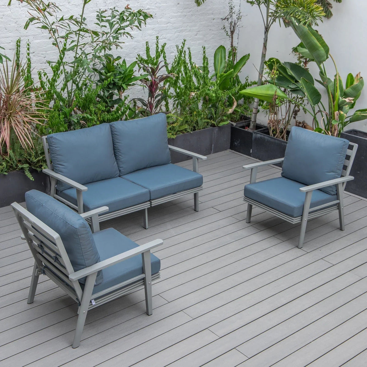 Walbrooke Modern 3-Piece Outdoor Patio Set with Grey Aluminum Frame and Removable Cushions Loveseat and Set of 2 Armchairs - Elax Furniture