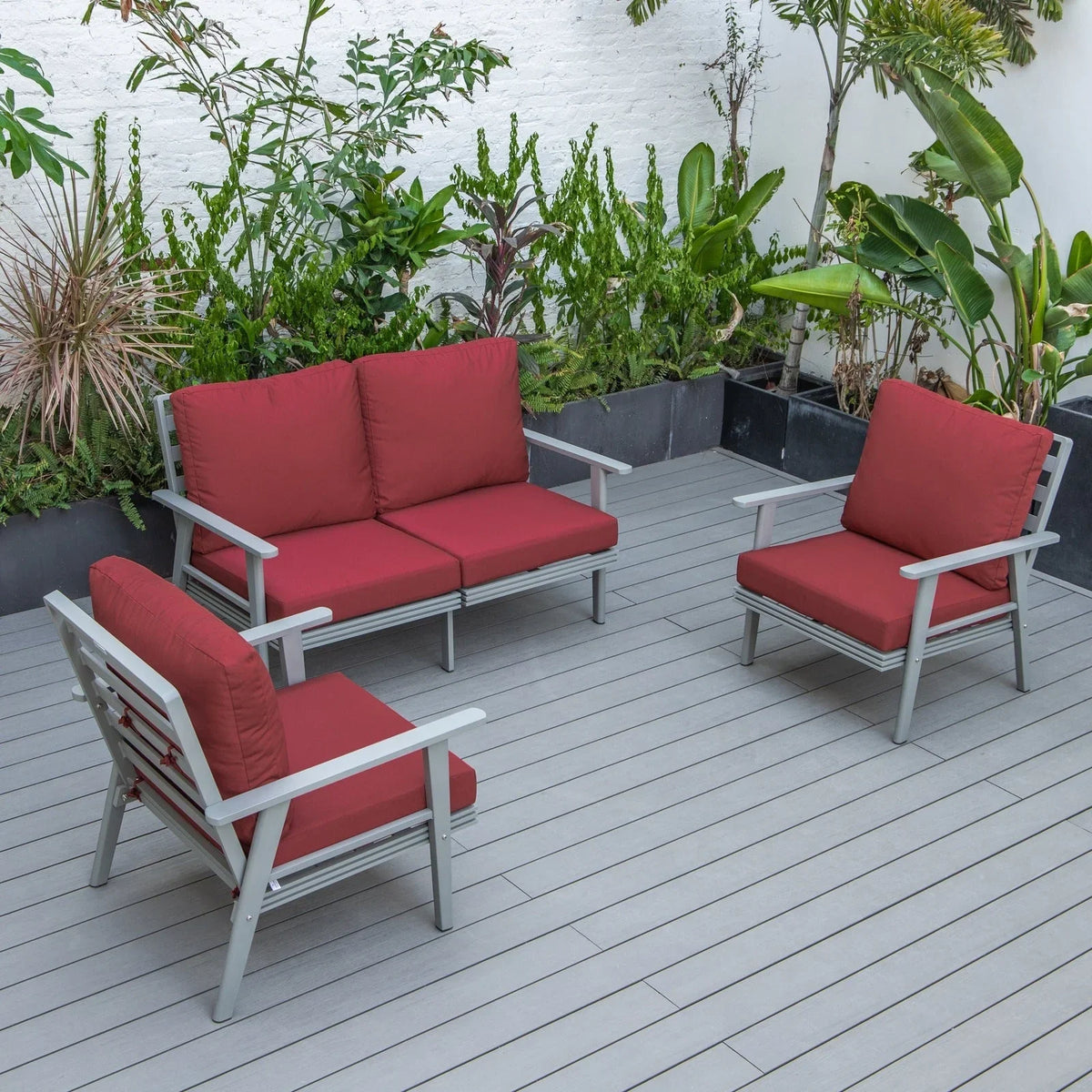 Walbrooke Modern 3-Piece Outdoor Patio Set with Grey Aluminum Frame and Removable Cushions Loveseat and Set of 2 Armchairs - Elax Furniture