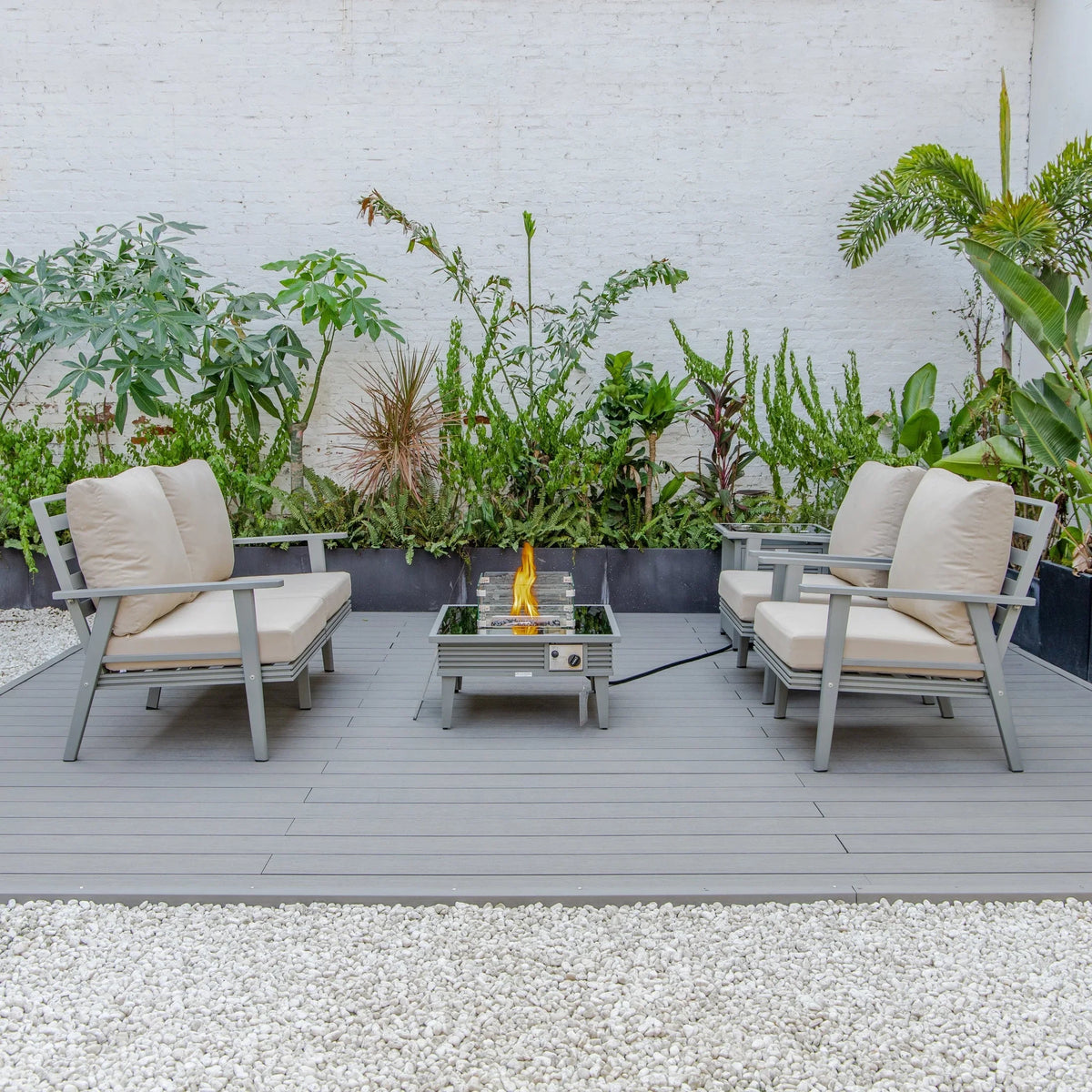 Walbrooke Aluminum Patio Conversation With Slats Design Fire Pit Table & Tank Holder - Elax Furniture