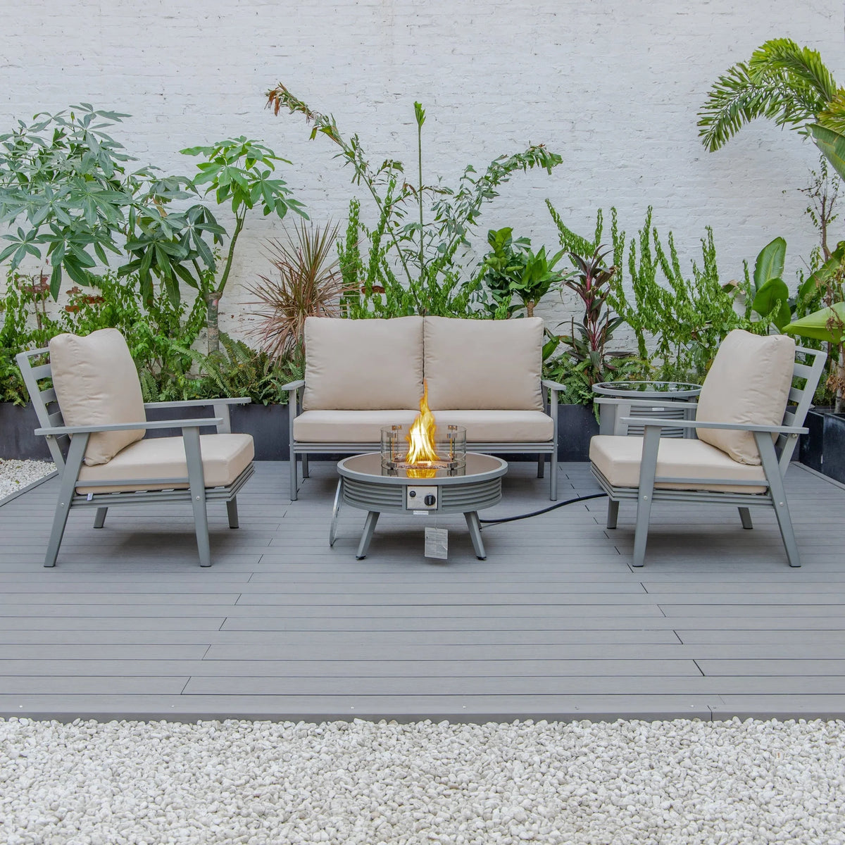 Walbrooke Aluminum Patio Conversation With Slats Design Fire Pit Table & Tank Holder - Elax Furniture