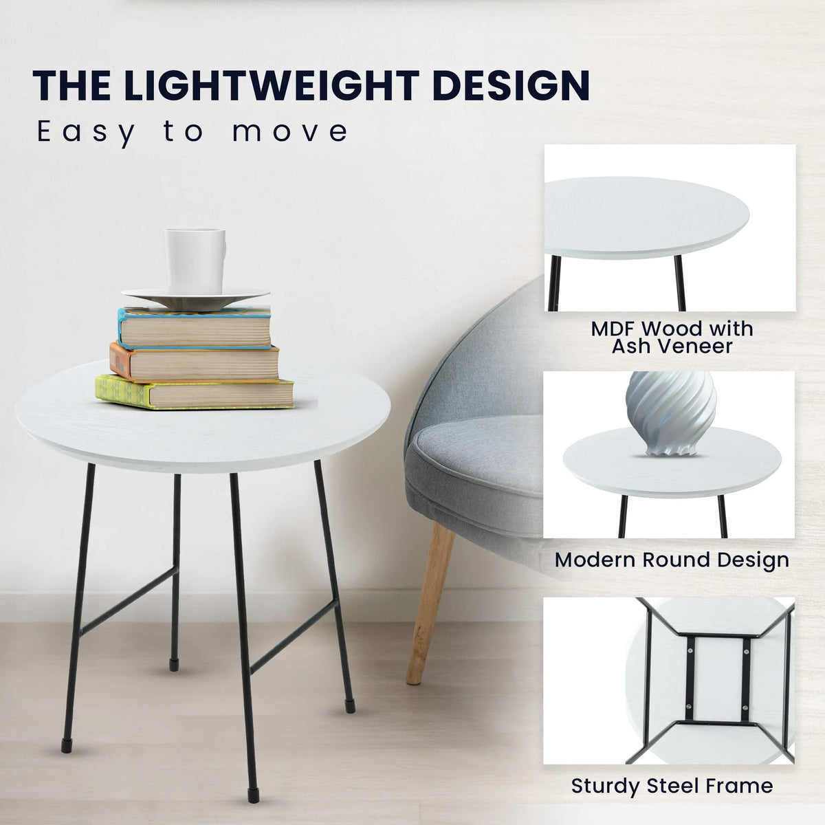 Rossmore Round Side Table with MDF Wood Tabletop in Black Steel - Elax Furniture