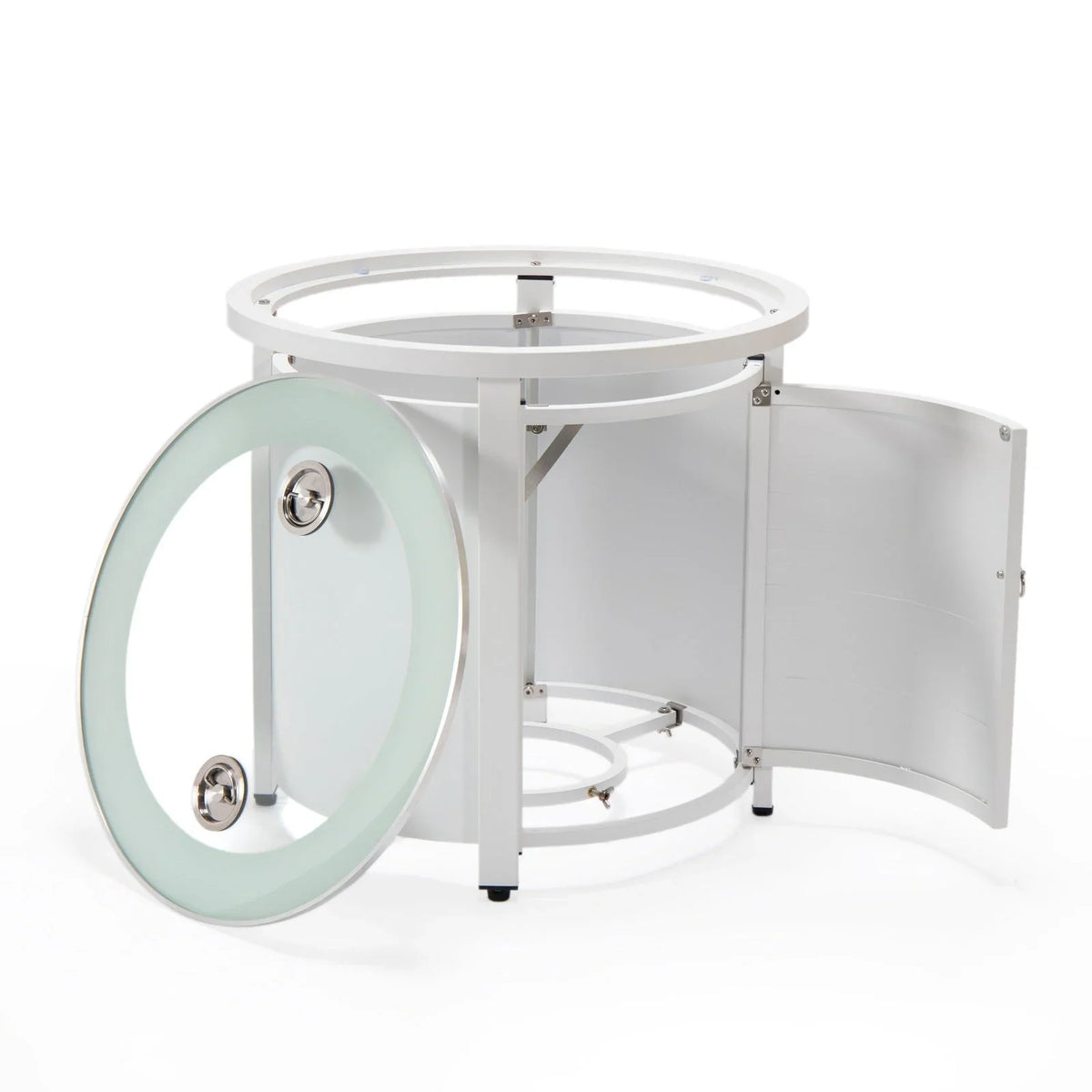Walbrooke Modern Round Tank Holder Table with Tempered Glass Top and Powder Coated Aluminum Slats Design - Elax Furniture