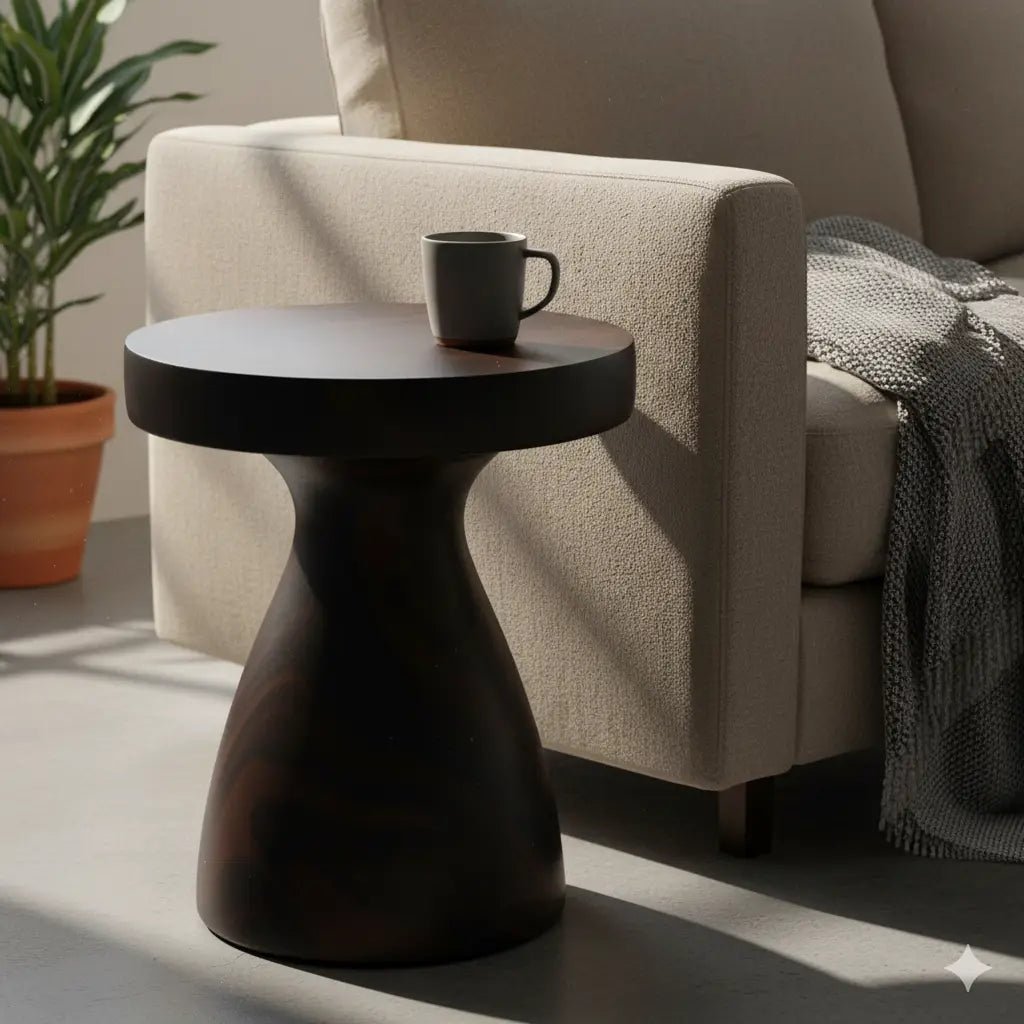 Wisp 16" Modern Wide Round Fiberstone Hourglass Design Side Table - Stylish Accent End Table Pottery Red Side Table Leisuremod