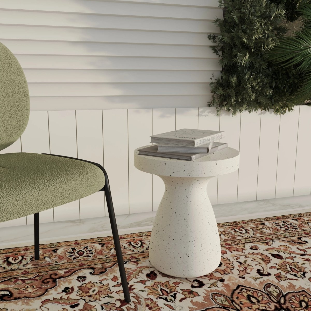 Wisp 16" Modern Wide Round Fiberstone Hourglass Design Side Table - Stylish Accent End Table Terrazzo White Side Table Leisuremod