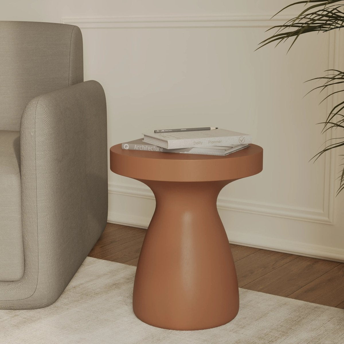 Wisp 16" Modern Wide Round Fiberstone Hourglass Design Side Table - Stylish Accent End Table Pink Side Table Leisuremod