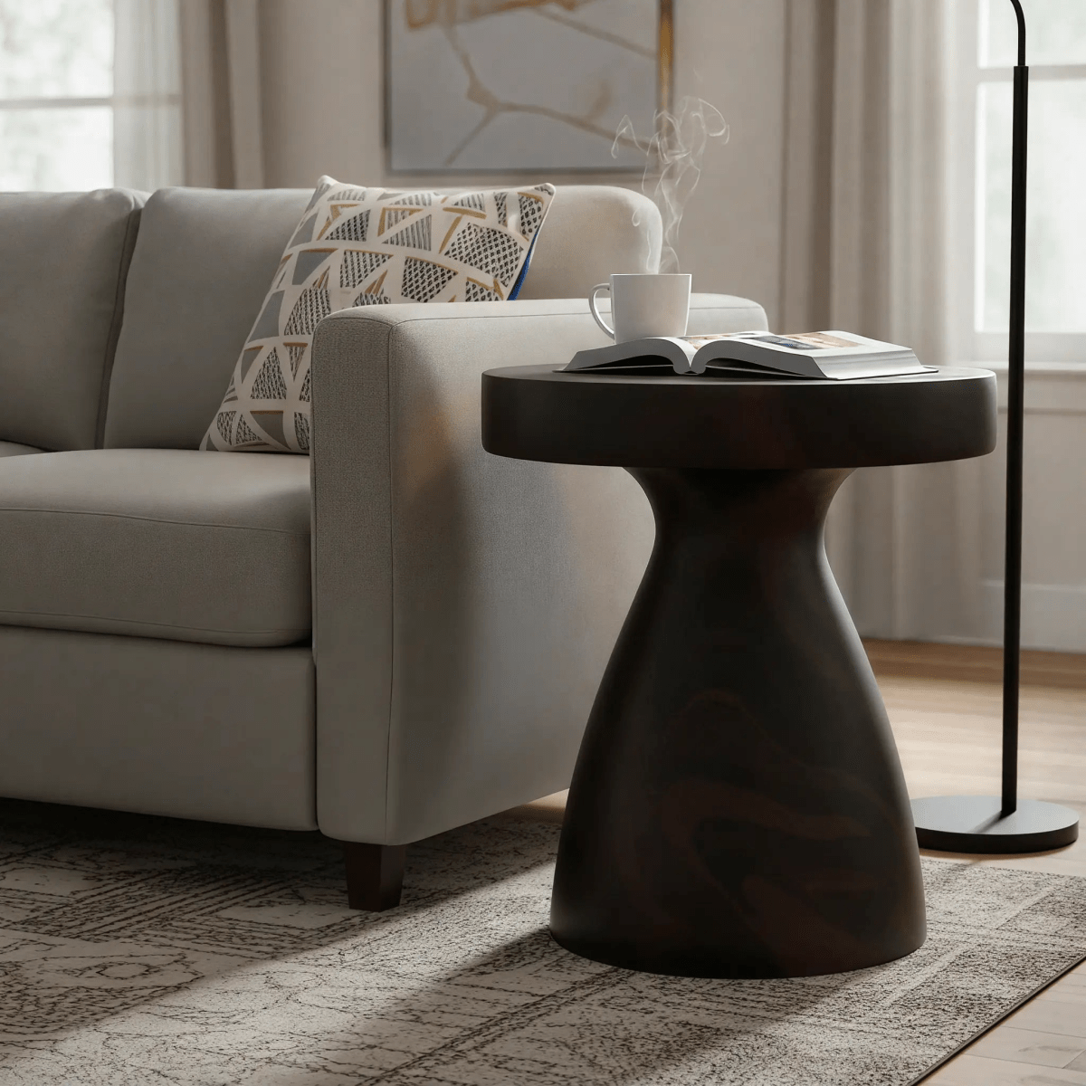 Wisp 16" Modern Wide Round Fiberstone Hourglass Design Side Table - Stylish Accent End Table Pottery Red Side Table Leisuremod