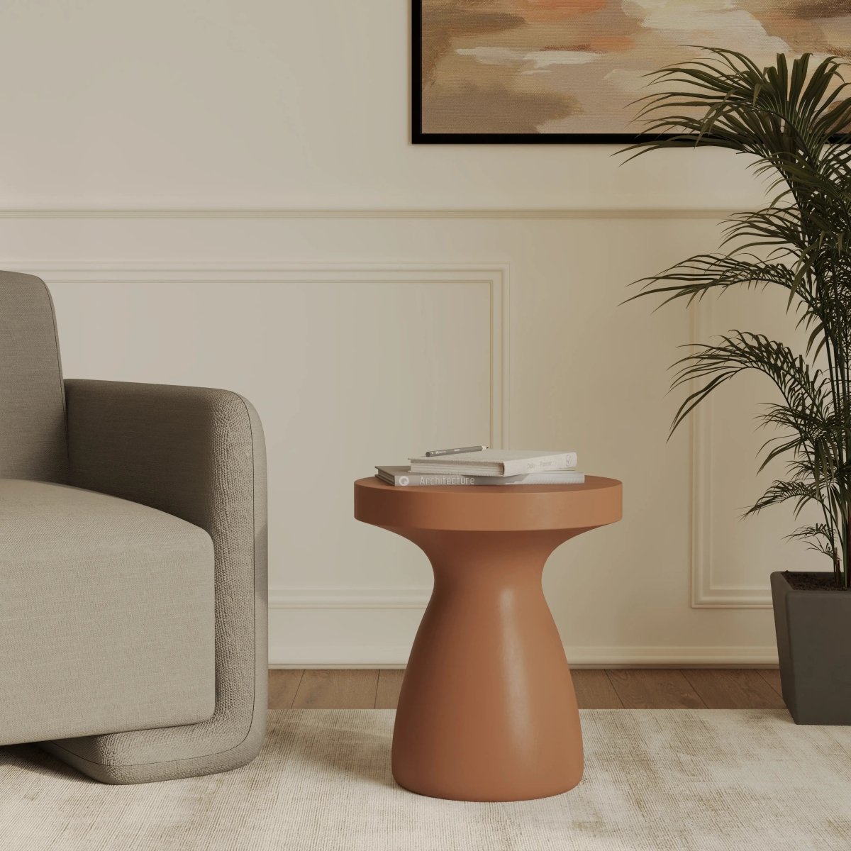 Wisp 16" Modern Wide Round Fiberstone Hourglass Design Side Table - Stylish Accent End Table Pink Side Table Leisuremod
