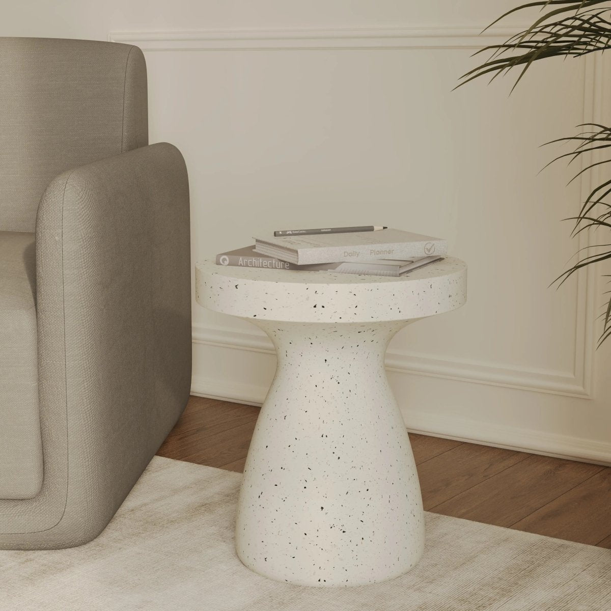 Wisp 16" Modern Wide Round Fiberstone Hourglass Design Side Table - Stylish Accent End Table Terrazzo White Side Table Leisuremod