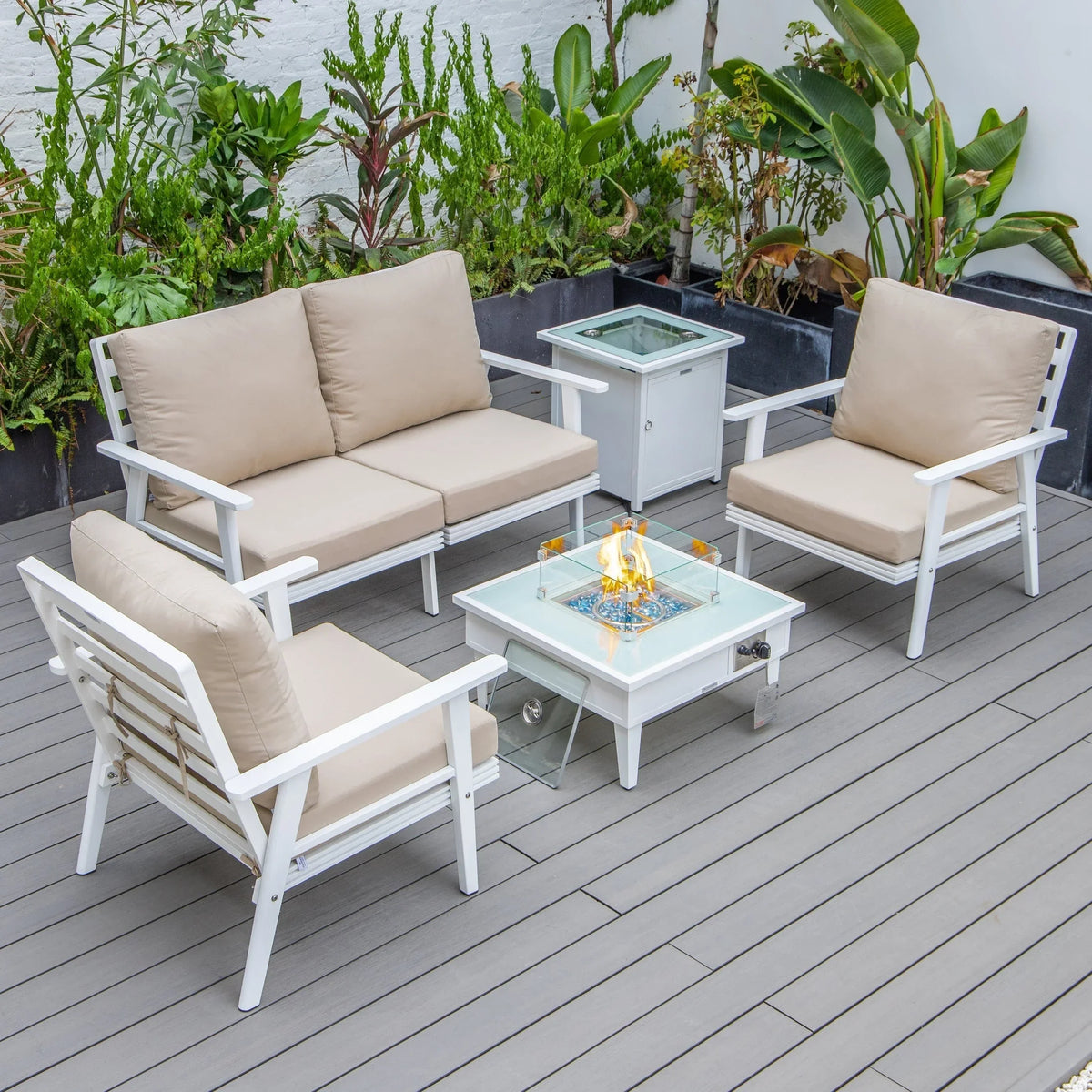 Walbrooke Aluminum Patio Conversation With Fire Pit Table & Tank Holder - Elax Furniture