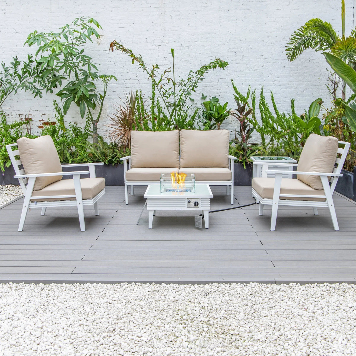 Walbrooke Aluminum Patio Conversation With Slats Design Fire Pit Table & Tank Holder - Elax Furniture