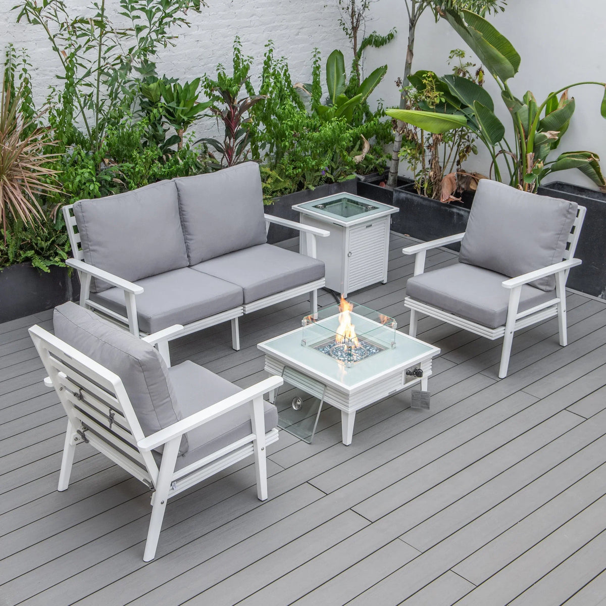 Walbrooke Aluminum Patio Conversation With Slats Design Fire Pit Table & Tank Holder - Elax Furniture