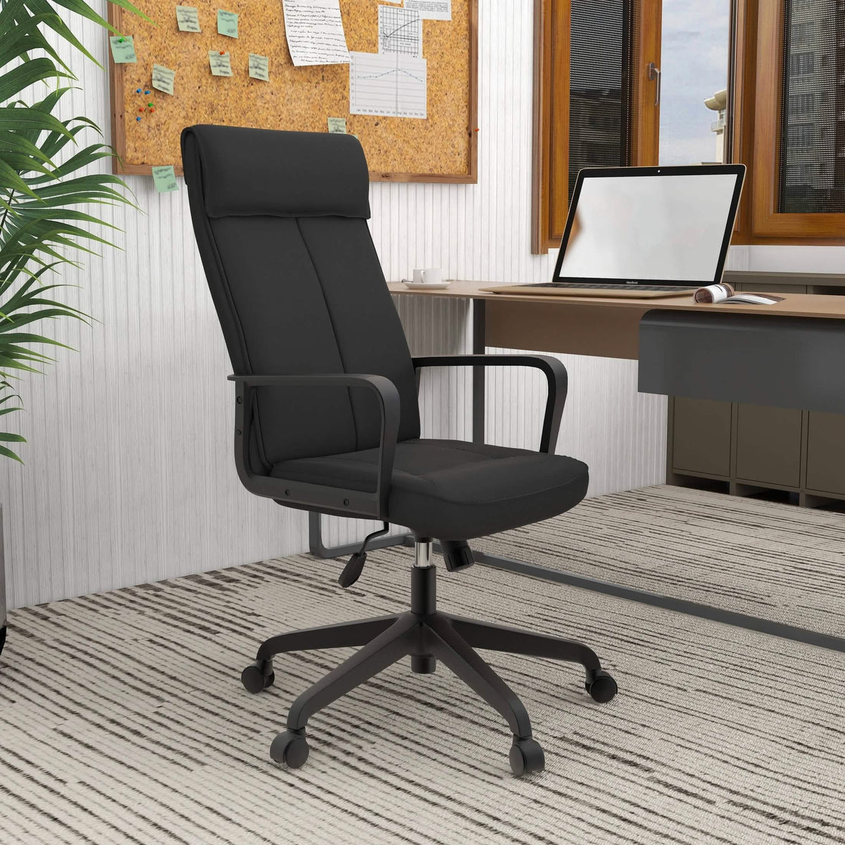 Aiaria Ergonomic High-Back Leather Office Chair with Adjustable Height, Swivel, Tilt, and Double Wheel Casters Black Office Chair Your Vendor Name