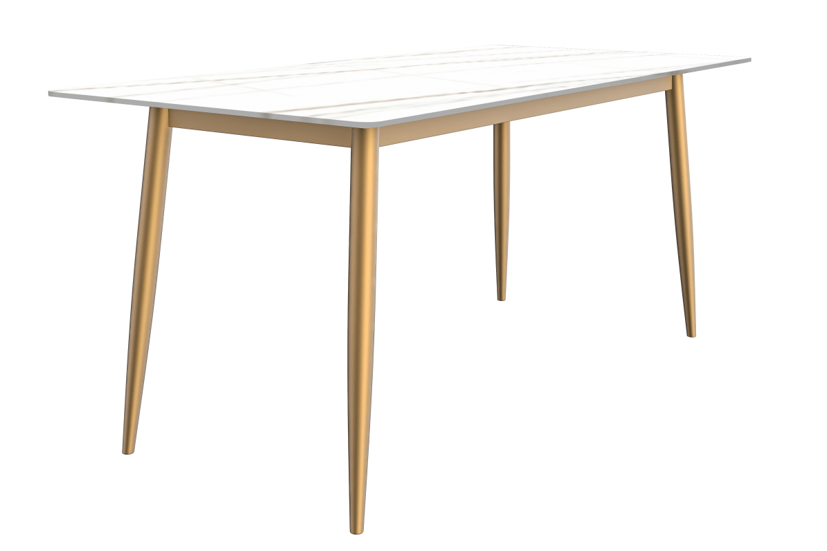 Zayle Rectangular Dining Table with a Sintered Stone Tabletop and a Stainless Steel Base Gold White Gold Dining Table Leisuremod