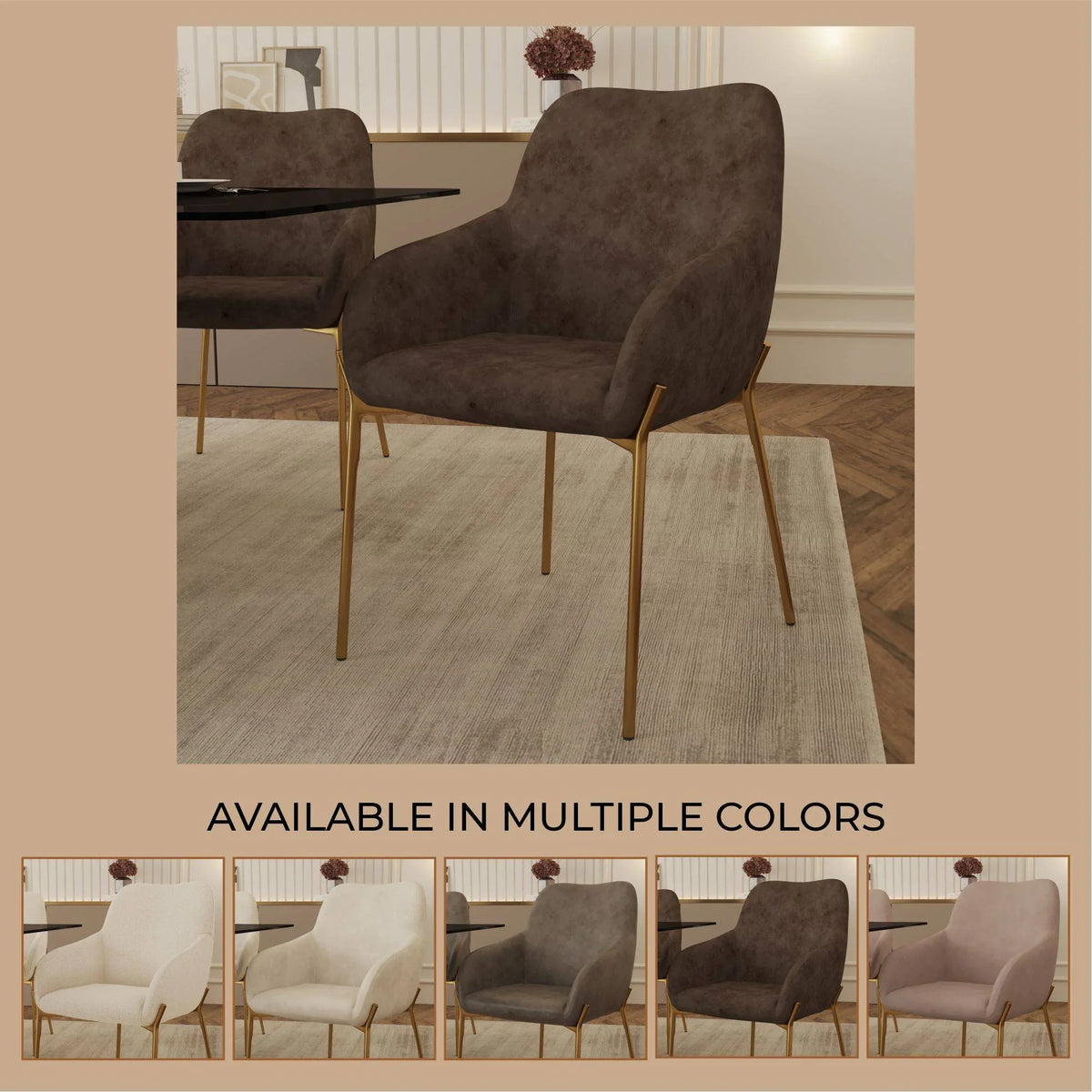 Zaire Upholsters Dining Chair in Velvet/Leather/Boucle with Gold Chrome Iron - Elax Furniture