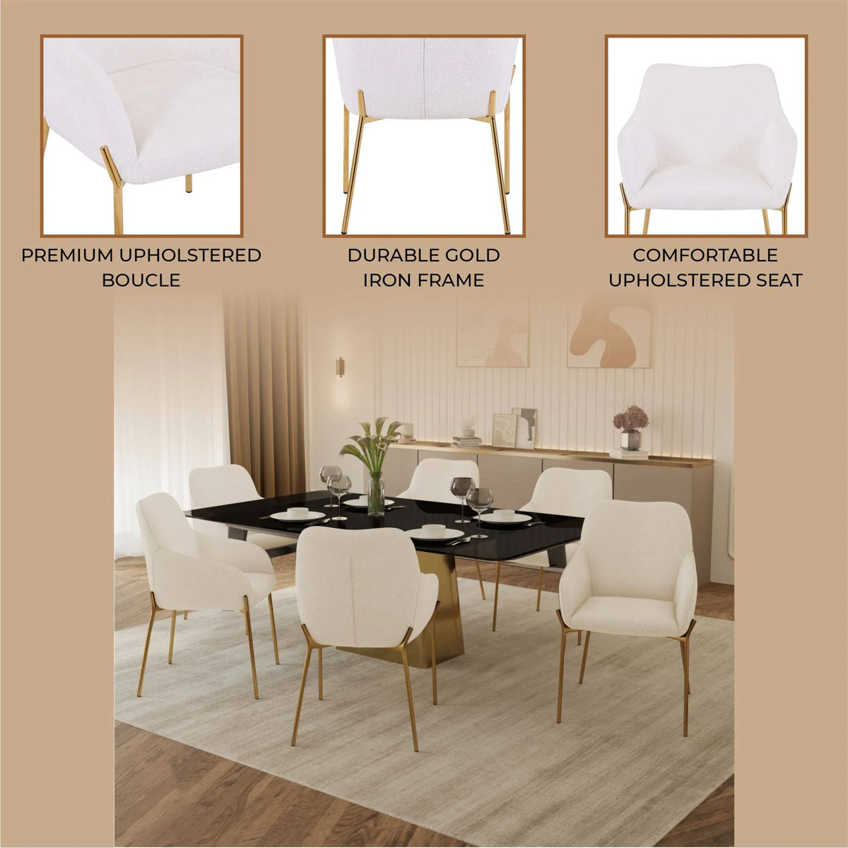 Zaire Upholsters Dining Chair in Velvet/Leather/Boucle with Gold Chrome Iron - Elax Furniture