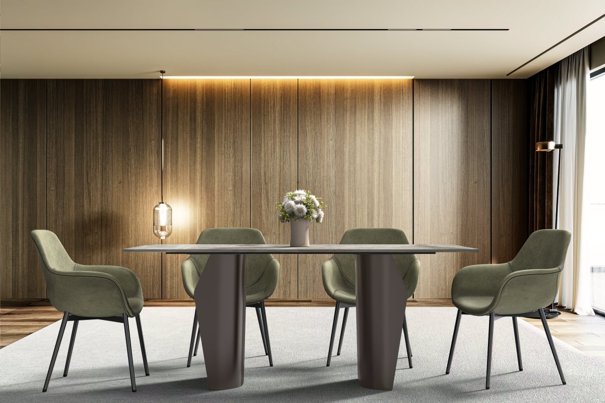 Zelan Dining Table with Rectangular Glass/Sintered Stone Tabletop and Steel Legs Sintered Stone 55 Inches Wide Deep Grey Dining Table Leisuremod