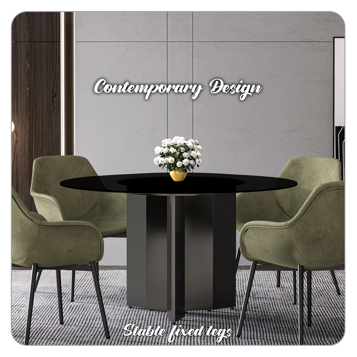 Zevro Round Dining Table with Sintered Stone/Glass Tabletop in Black Stainless Steel - Elax Furniture