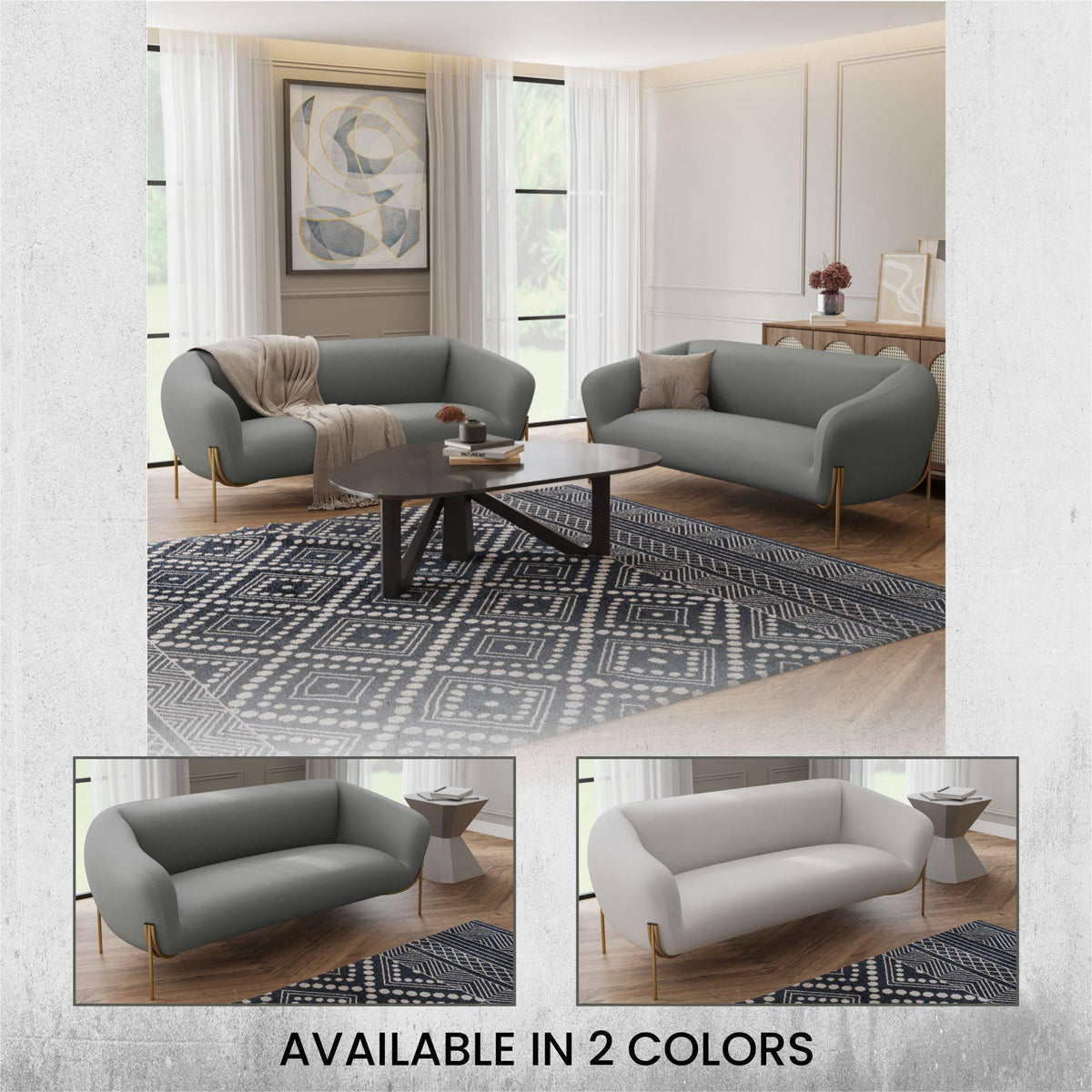 Zuno Modern Three-Seater Velvet Sofa with Gold Iron Legs - Elax Furniture