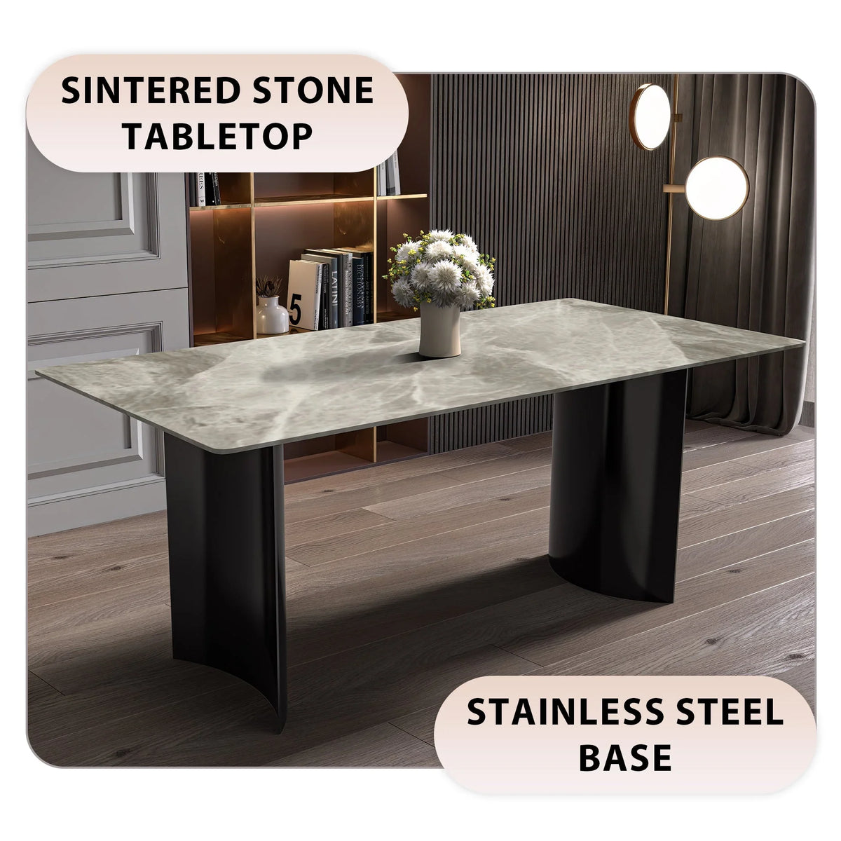 Zara Rectangular Dining Table with Glass/Sintered Stone Top and Stainless Steel Base - Elax Furniture