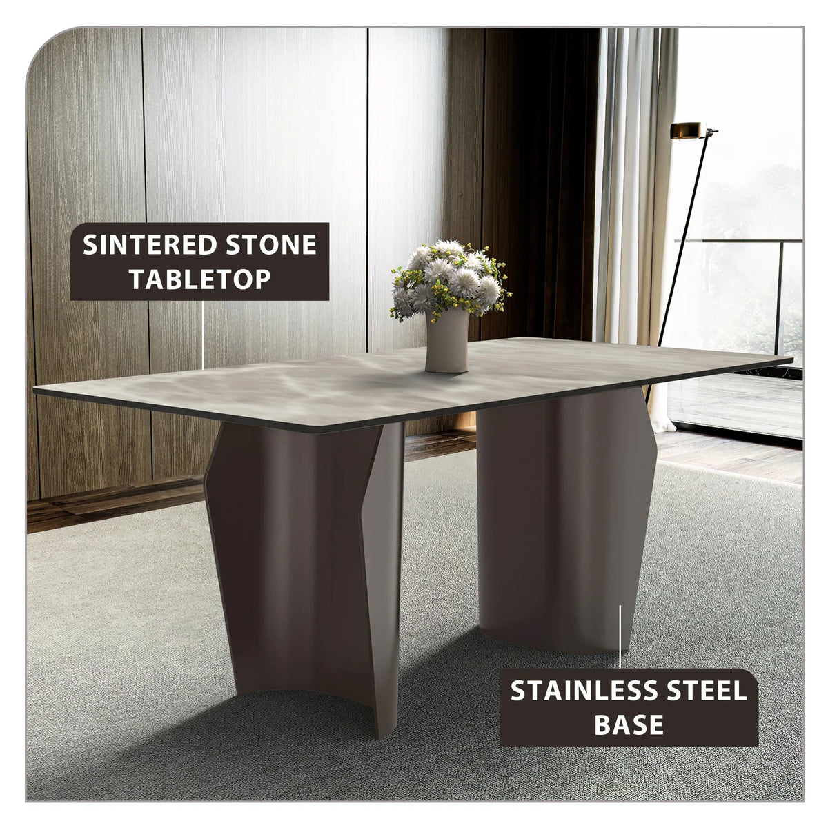 Zelan Dining Table with Rectangular Glass or Sintered Stone Tabletop and Steel Legs - Elax Furniture