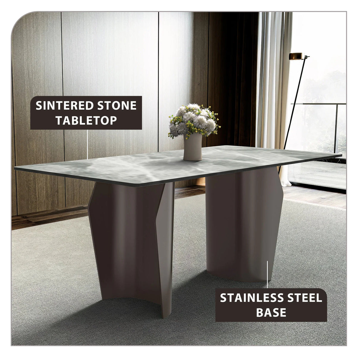 Zelan Dining Table with Rectangular Glass or Sintered Stone Tabletop and Steel Legs - Elax Furniture