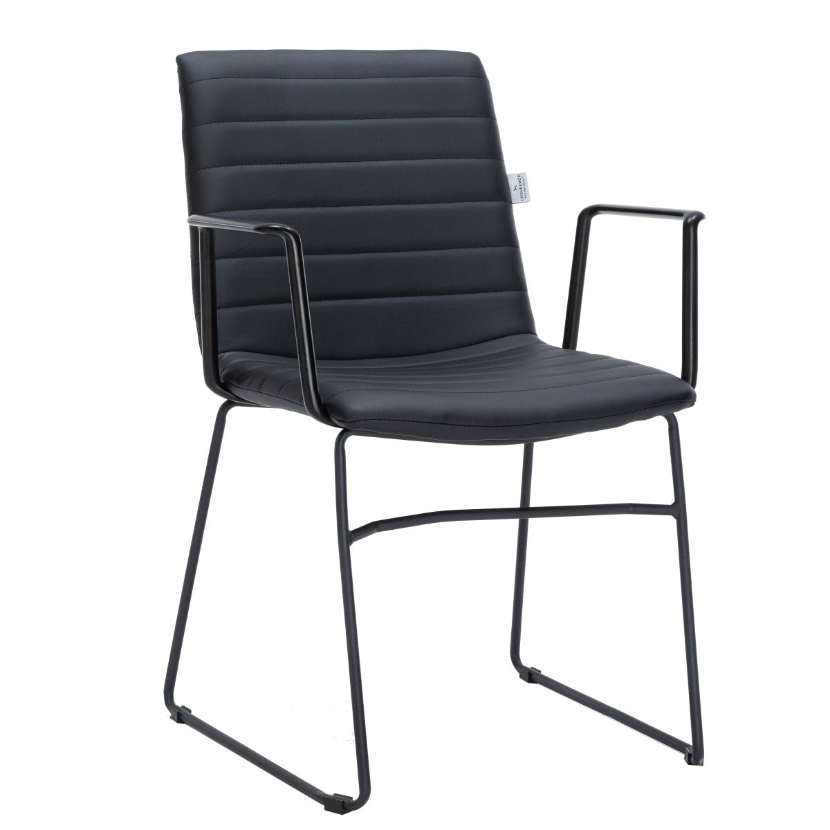 Zylar Leather/Polyester Guest Arm Chair with Powder-Coated Stainless Steel Base Black Leather Office Chair Leisuremod