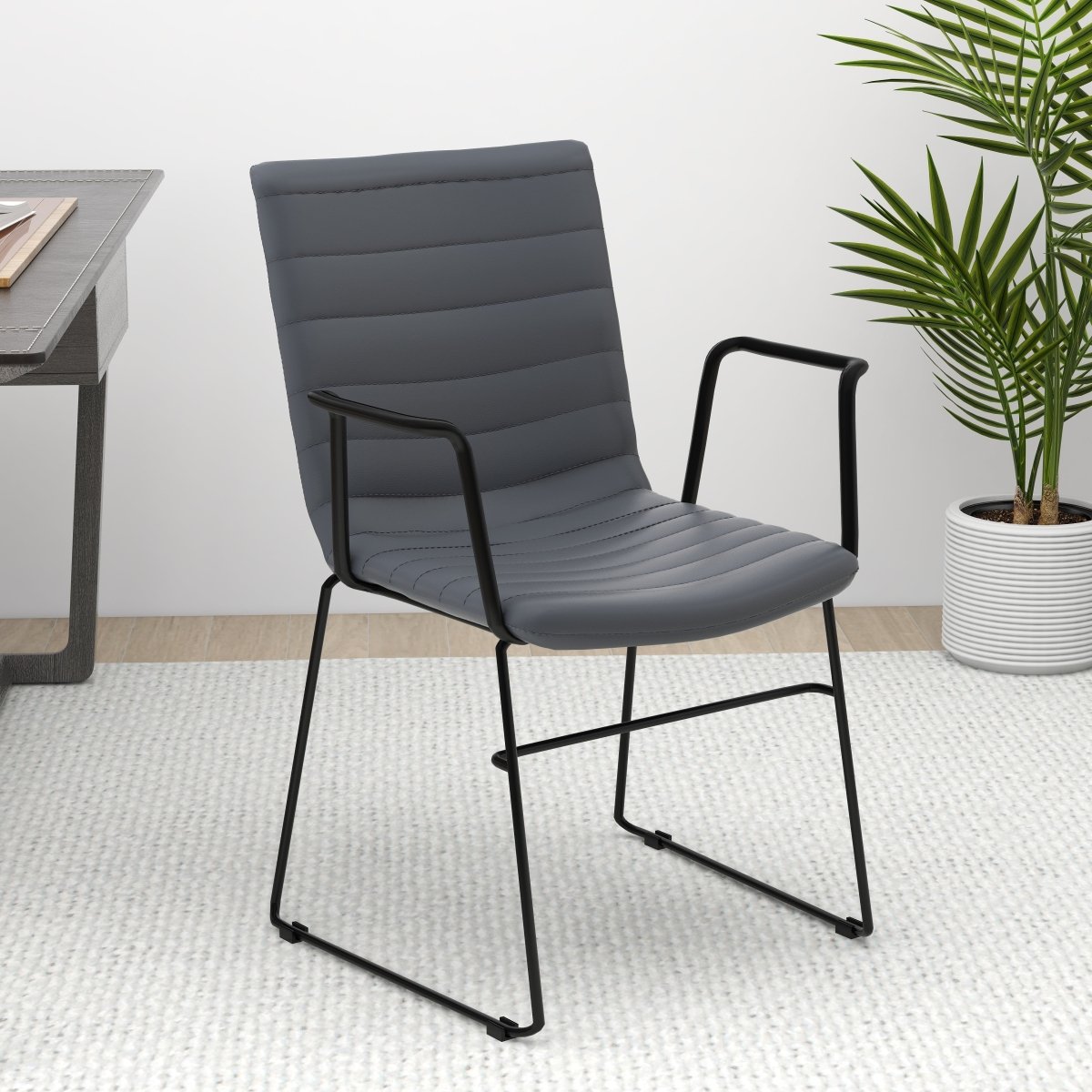 Zylar Leather/Polyester Guest Arm Chair with Powder-Coated Stainless Steel Base Grey Leather Office Chair Leisuremod