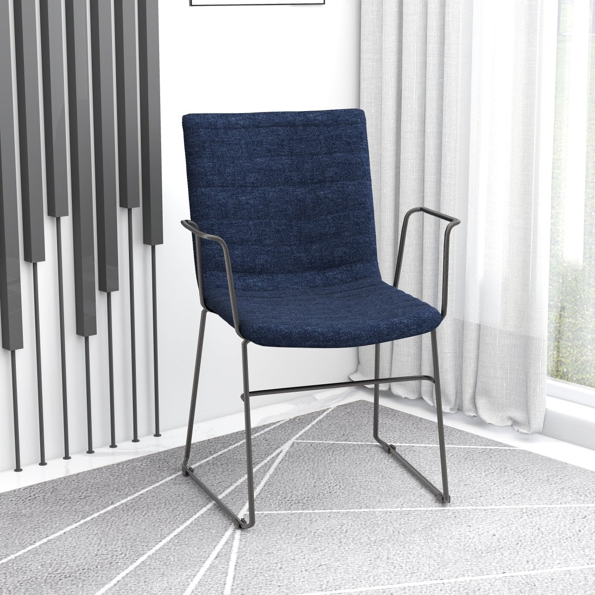 Zylar Leather/Polyester Guest Arm Chair with Powder-Coated Stainless Steel Base Dark Blue Polyester Office Chair Leisuremod