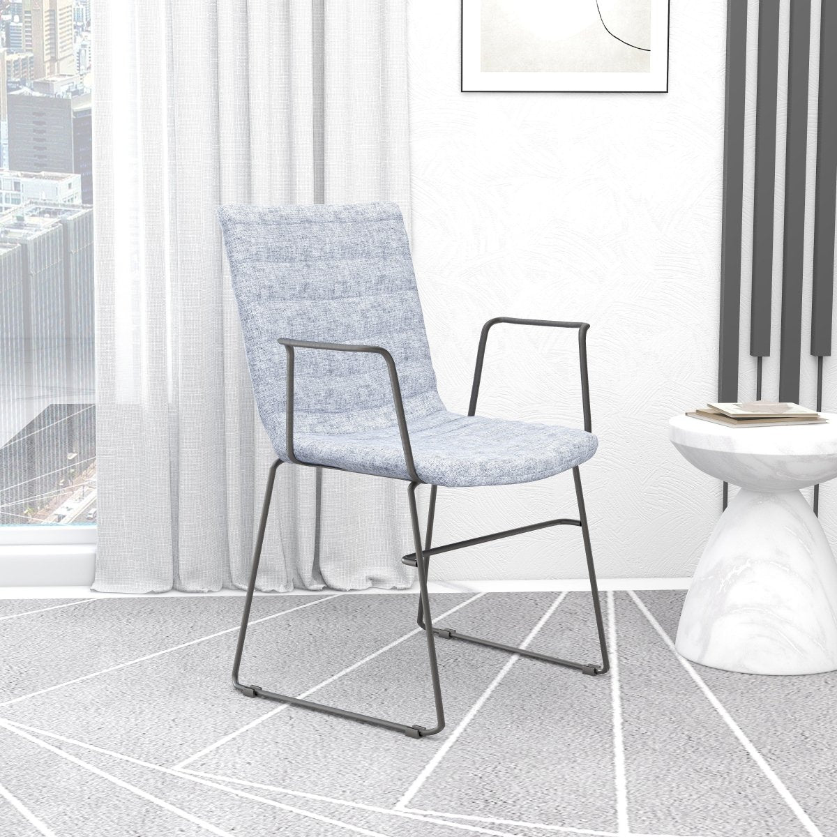 Zylar Leather/Polyester Guest Arm Chair with Powder-Coated Stainless Steel Base Grey Polyester Office Chair Leisuremod