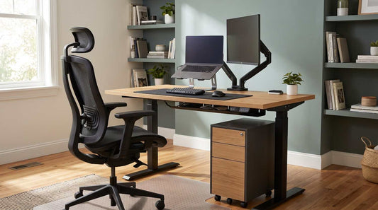 Ergonomic home office setup featuring a sit-stand desk, mesh chair, and filing cabinet.