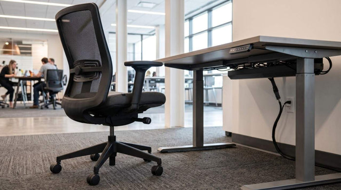 BIFMA compliant ergonomic mesh office chair and height adjustable standing desk in a modern corporate workspace