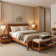 Modern guest room furniture setup with wooden bed, luggage bench, and study desk by Elax Furniture.