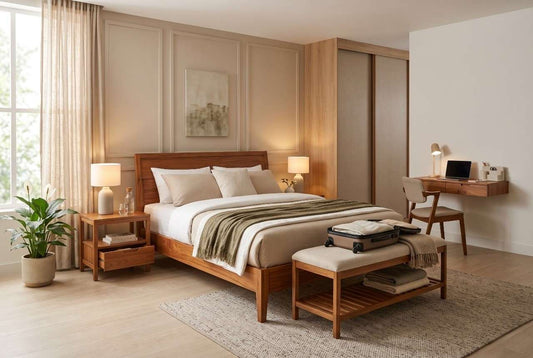 Modern guest room furniture setup with wooden bed, luggage bench, and study desk by Elax Furniture.