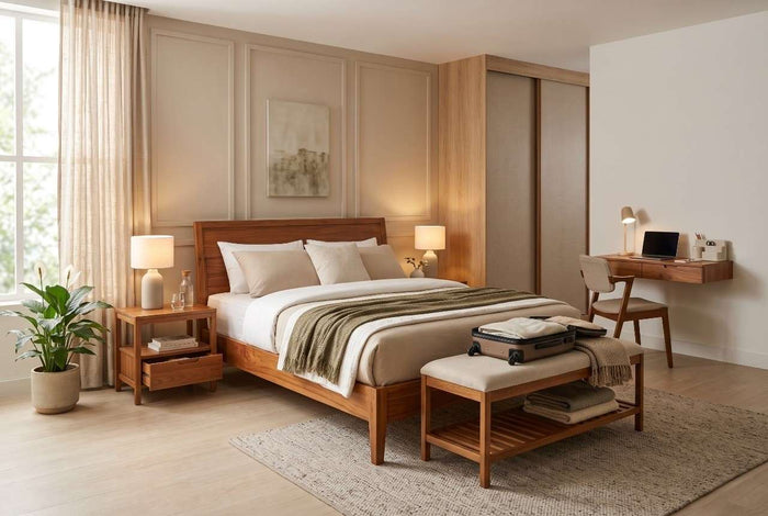 Modern guest room furniture setup with wooden bed, luggage bench, and study desk by Elax Furniture.