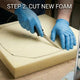 An ultra-wide 3-panel guide from Elax Furniture showing: 1. Removing old floral fabric; 2. Cutting new foam with an electric knife; and 3. Stapling new geometric velvet fabric with a pneumatic gun. Includes text labels for each step.