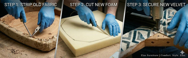 An ultra-wide 3-panel guide from Elax Furniture showing: 1. Removing old floral fabric; 2. Cutting new foam with an electric knife; and 3. Stapling new geometric velvet fabric with a pneumatic gun. Includes text labels for each step.