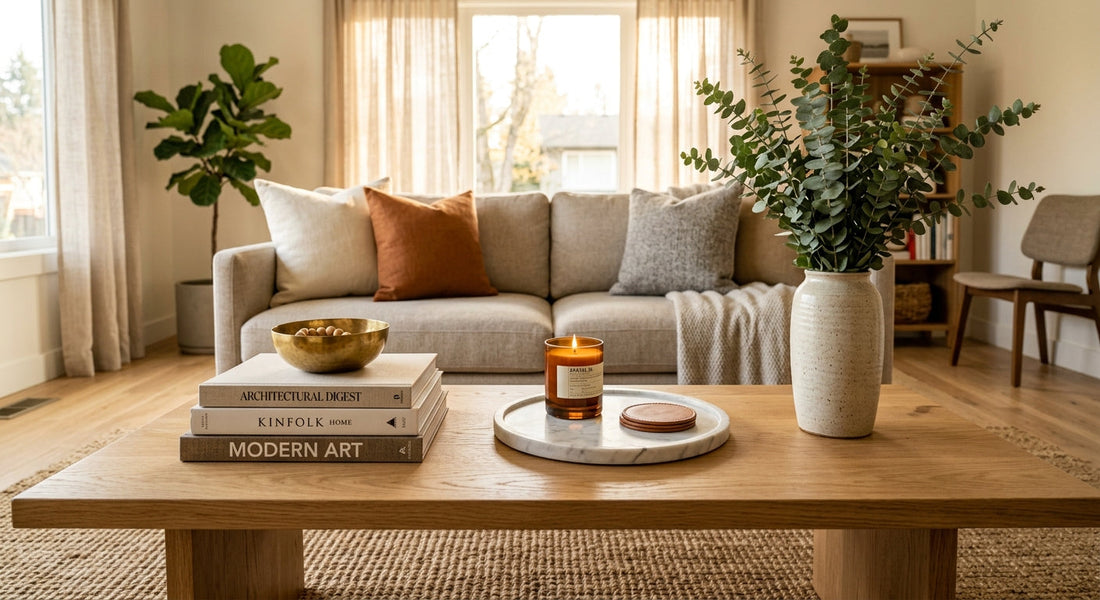Beautifully styled rectangular oak coffee table featuring stacked hardcover books, a tall ceramic vase with greenery, and a marble tray in a sunlit modern living room.