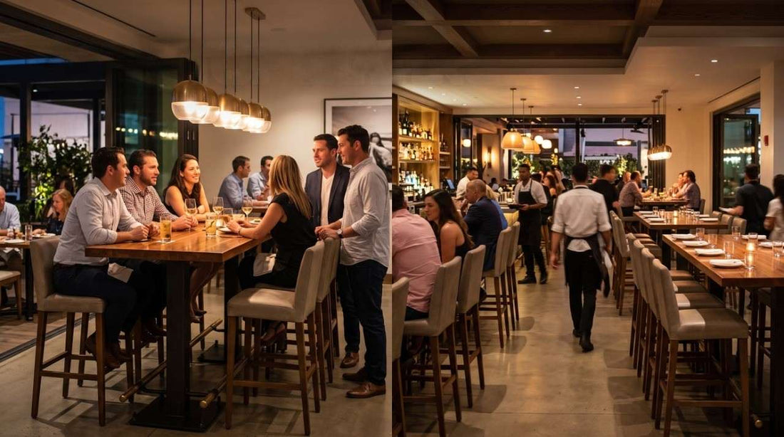 High-top seating table and bar stools in a modern restaurant