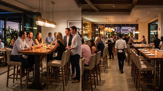 High-top seating table and bar stools in a modern restaurant