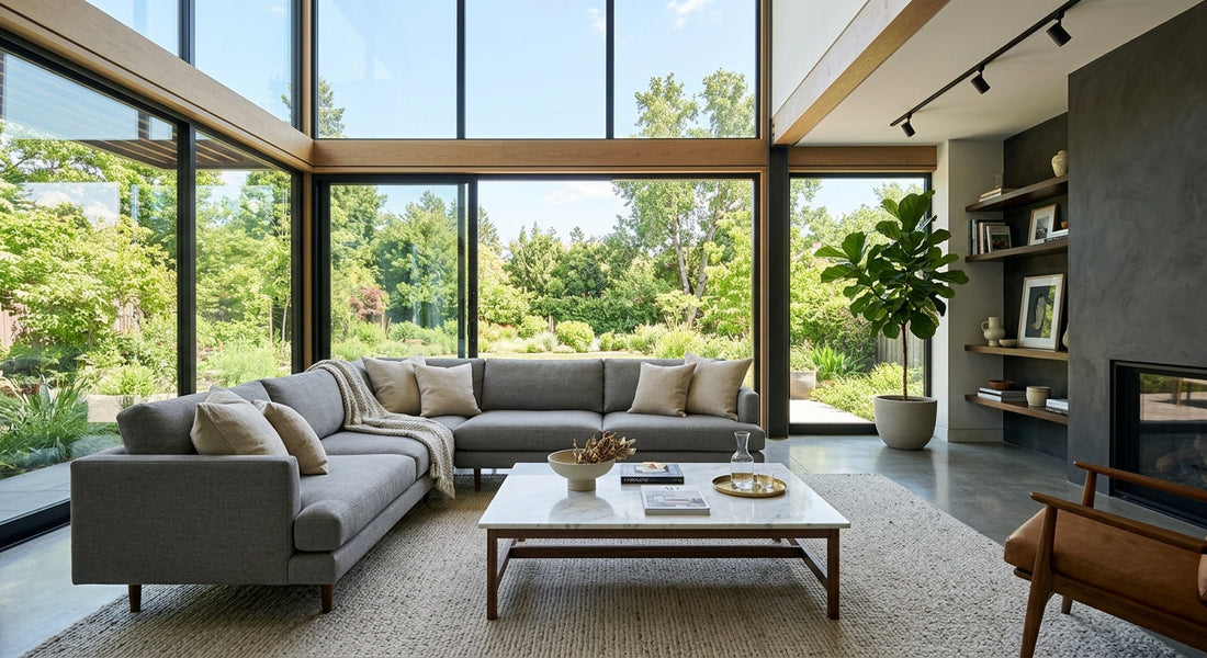 Sleek modern living room showcasing proper coffee table height relative to a sofa seat cushion