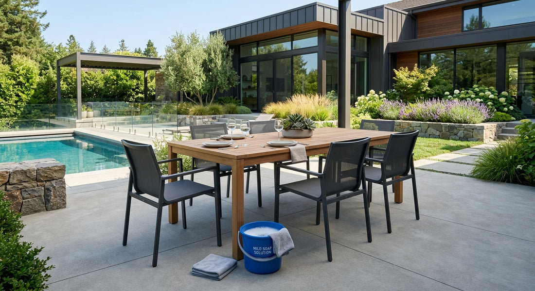 Clean outdoor dining table and accent chair set on a pristine modern patio