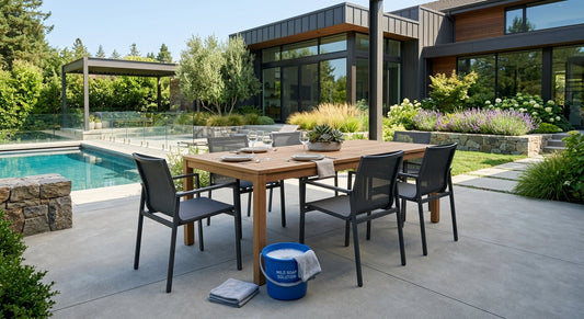 Clean outdoor dining table and accent chair set on a pristine modern patio