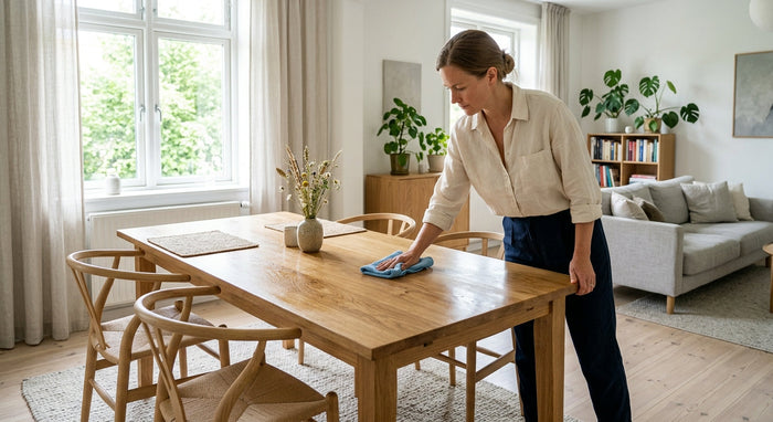 Person gently wiping down a modern wooden dining table with a yellow microfiber cloth in a sunlit room