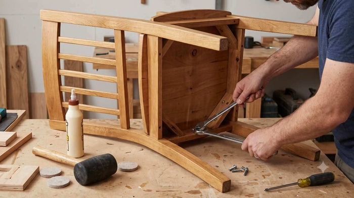 Person tightening corner bracket bolts under a wobbly wooden chair on a workbench with wood glue and mallet nearby
