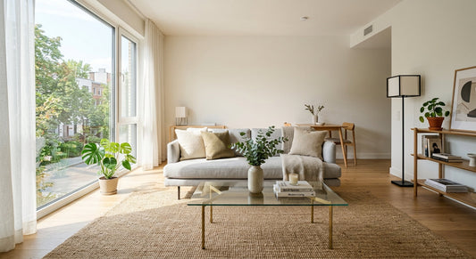Modern small apartment living room furnished with a low-profile sofa, glass coffee table, and an oversized area rug