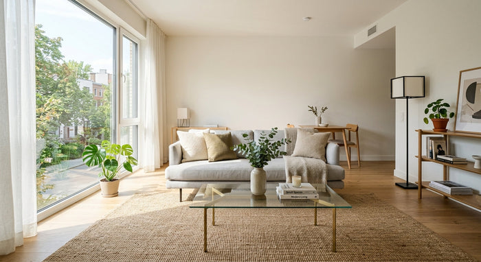 Modern small apartment living room furnished with a low-profile sofa, glass coffee table, and an oversized area rug